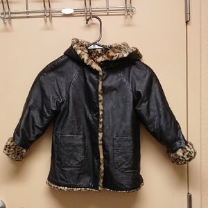 Kids Black Faux Leather Jacket with Leopard Print Lining